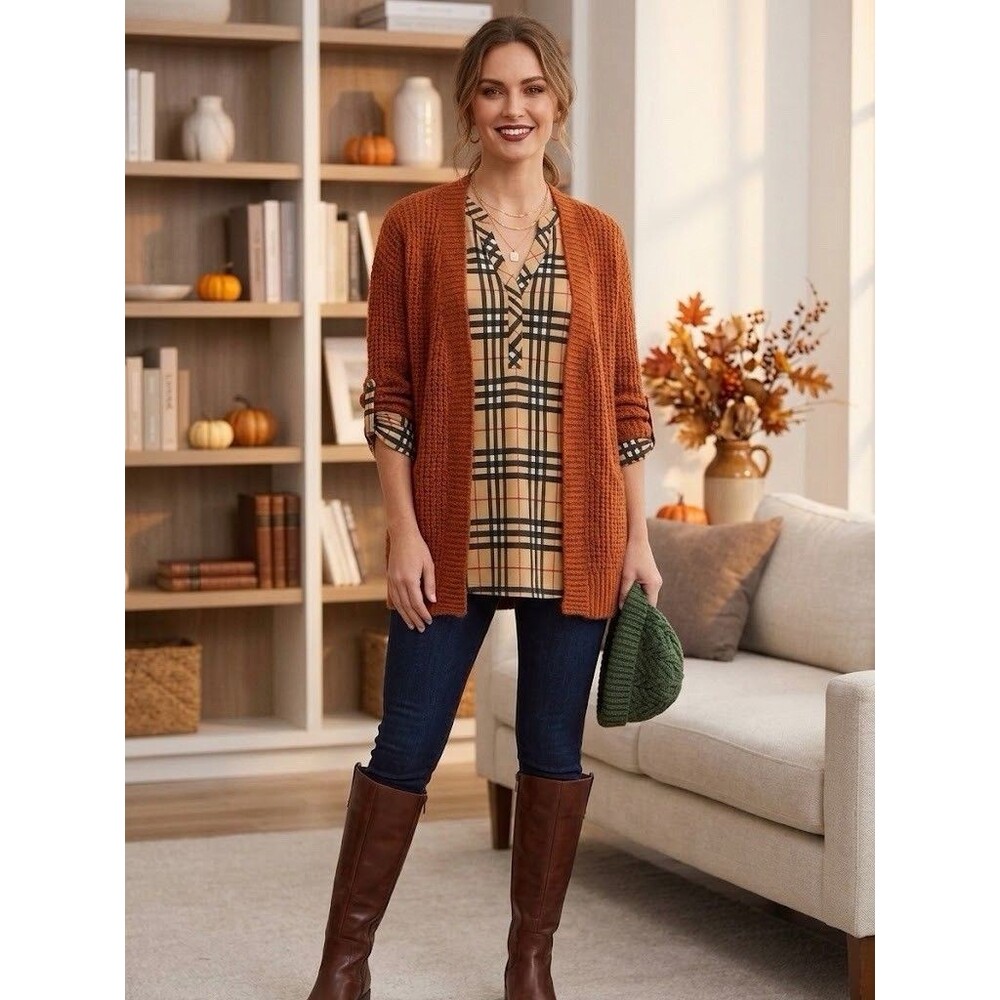 Ali Miles Plaid Tunic Womens XL Tan Black Lagenlook Fall